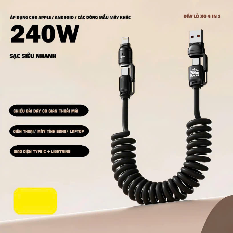 Cáp Sạc Nhanh Carplay 240W Lò Xo Đa Năng - Ảnh 2