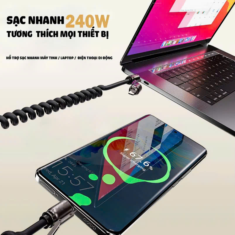 Cáp Sạc Nhanh Carplay 240W Lò Xo Đa Năng - Ảnh 5