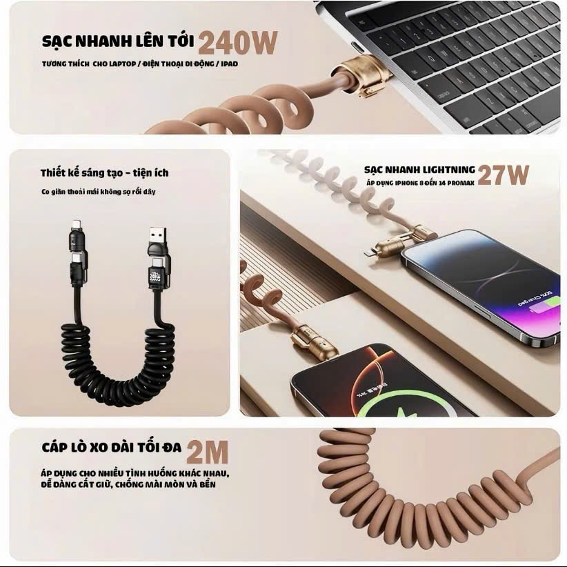 Cáp Sạc Nhanh Carplay 240W Lò Xo Đa Năng - Ảnh 6